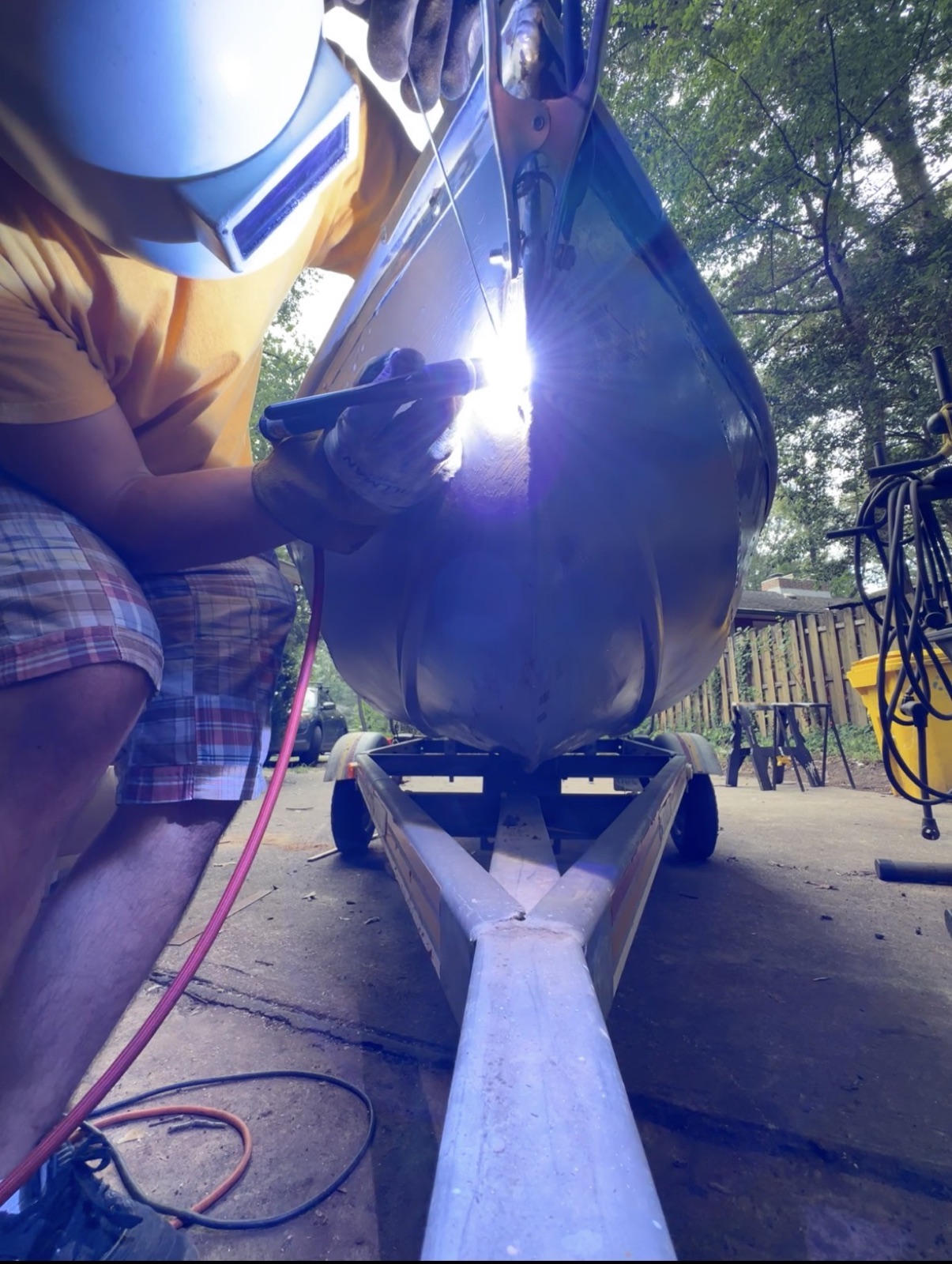 Welding an aluminum hull outdoors